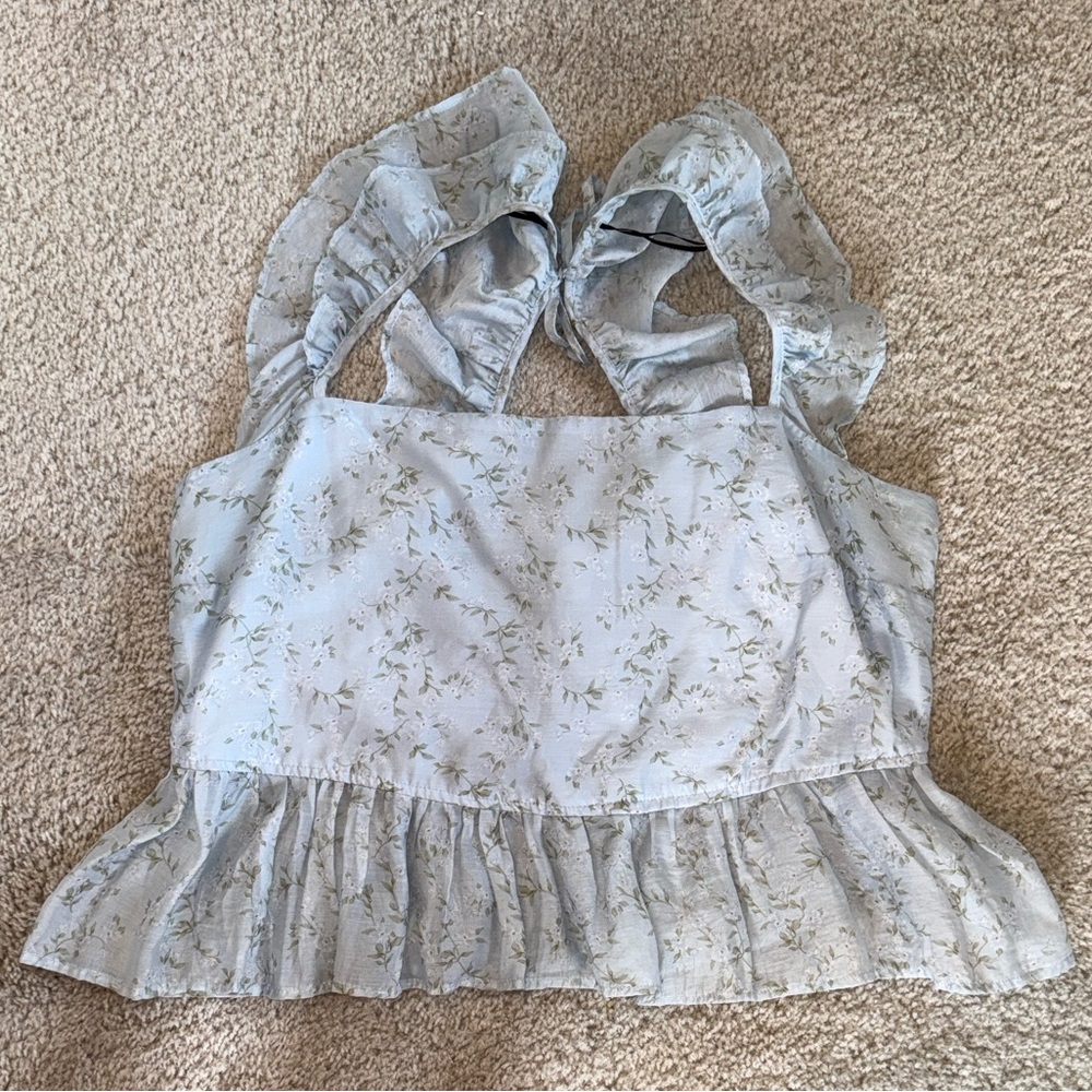 H&M Light Blue Floral Ruffle Blouse
